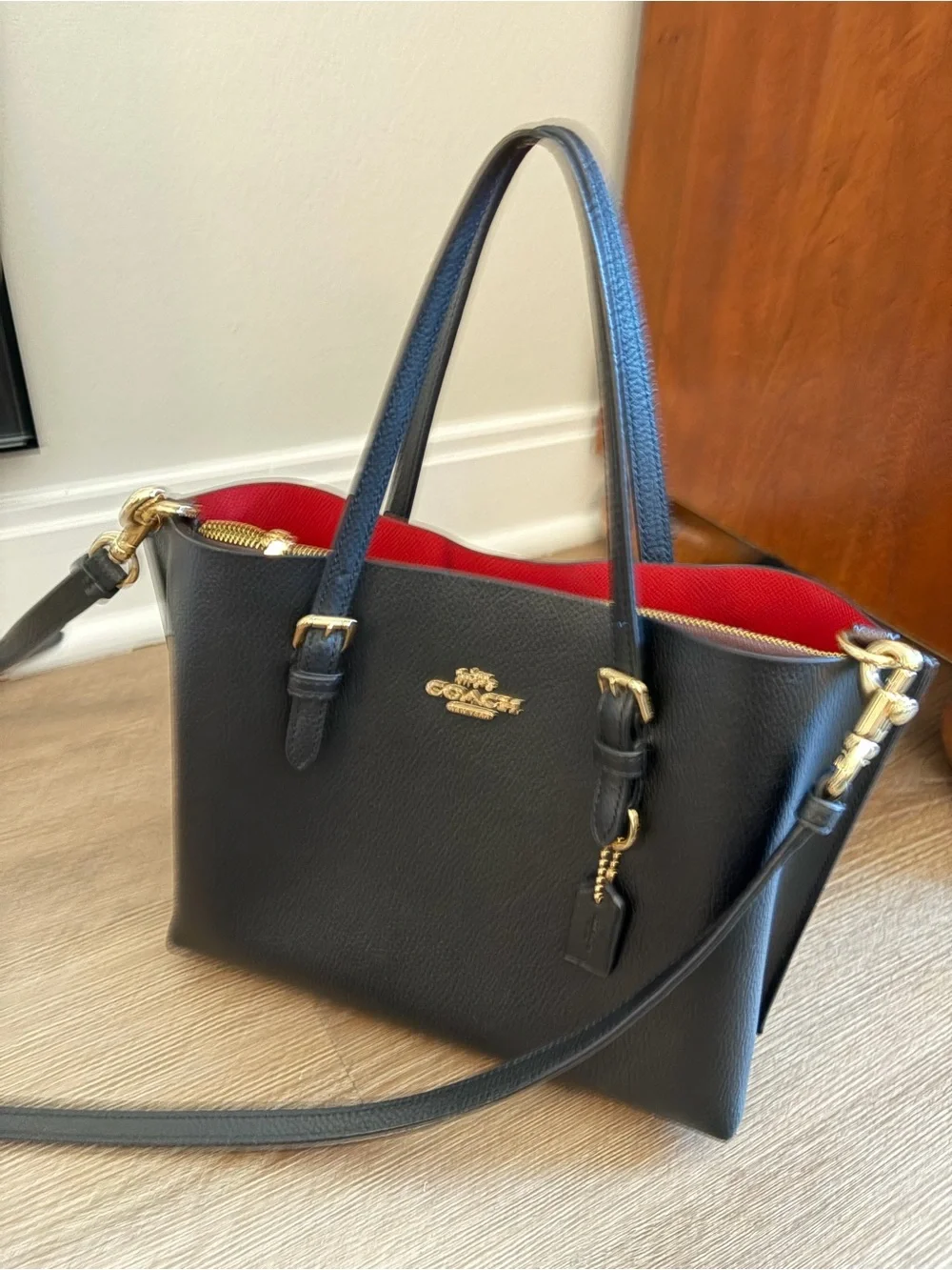 Coach Black Small Top-Handle Purpse with Red Interior and Gold Hardware